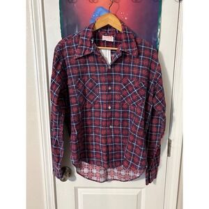 Vintage Permanent Press Red Blue Plaid Flannel Shirt Mens Large Long Sleeve 70s
